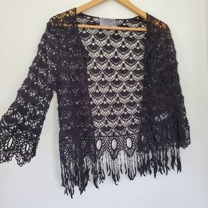 NWOT Sz XS Black Open Crochet Knit Open Style Cardigan Fringe 3/4 Sleeve BOHO